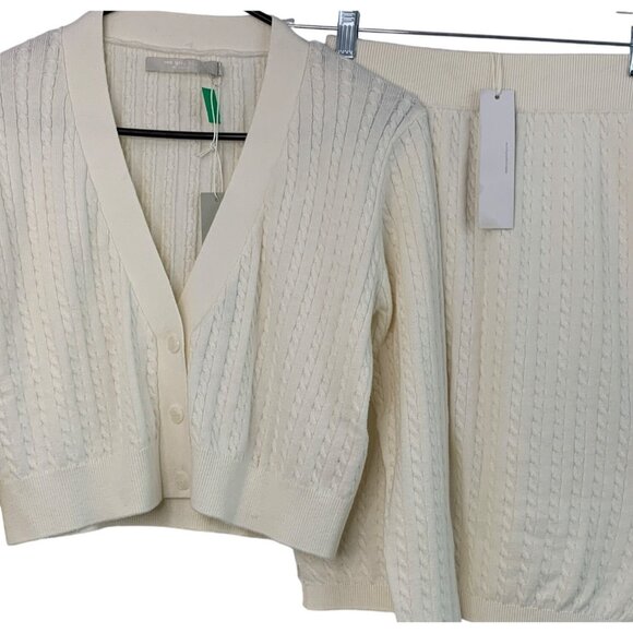 One Grey Day LA Crop Cardigan Skirt Set  S  Ivory NWT 7654 Knit Sweater Cable - Picture 1 of 10